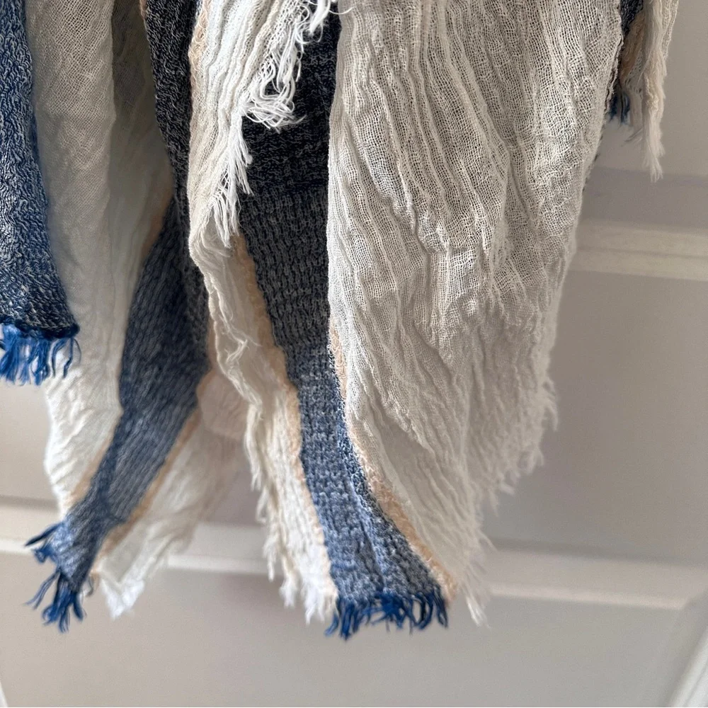NWT Simply Noelle Beige & Blue Striped Blanket Scarf Boho Spring Classic Preppy